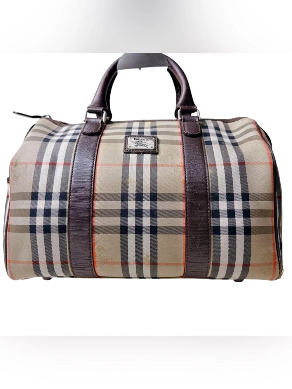 Burberry Haymarket Nova Check Top Handle Boston Travel Tote Carry All Purse Bag